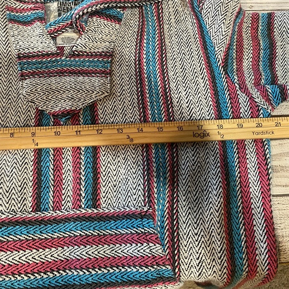 Original Senor Lopez Mexico Made Large Boho Pink Blue Stripe Hooded Poncho - Picture 4 of 5